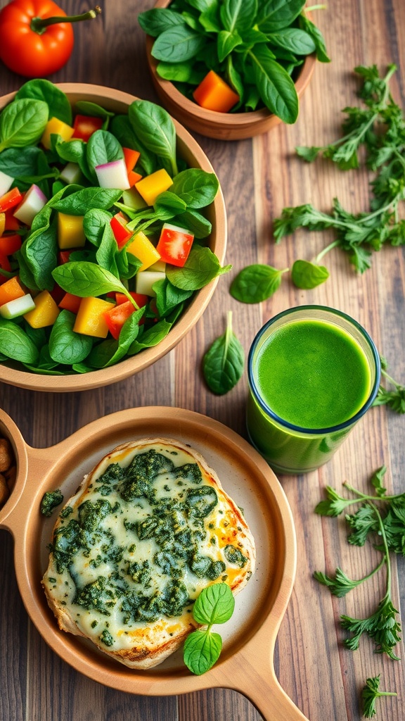 A variety of spinach dishes: salad, stuffed chicken, and smoothie on a rustic table.